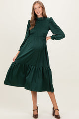 Forest Green Mock Neck Satin Smocked Chest Maternity Dress