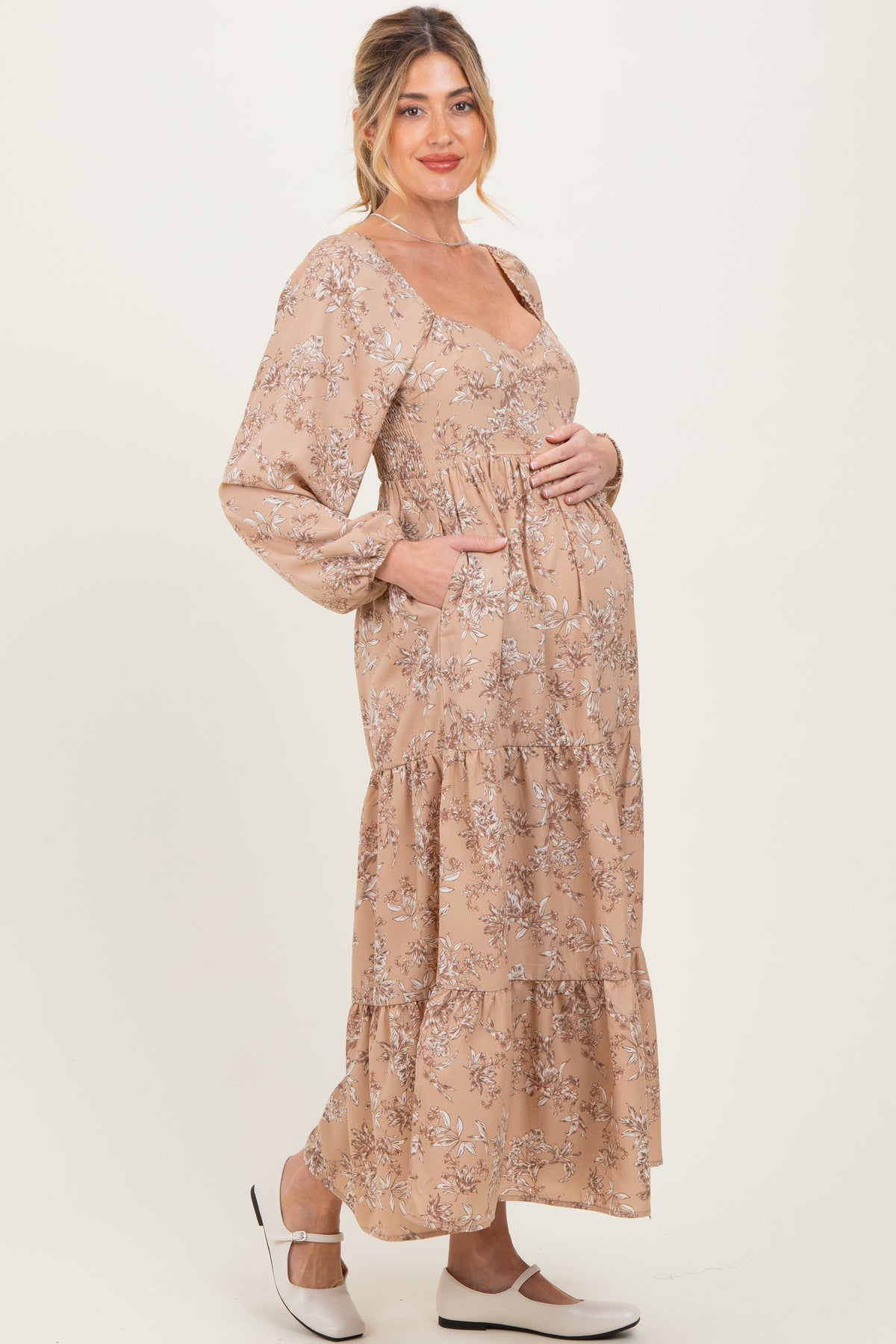 Beige Antique Floral Neck Maternity Maxi Dress