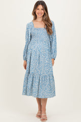 Dusty Blue Floral Square Neck Maternity Maxi Dress