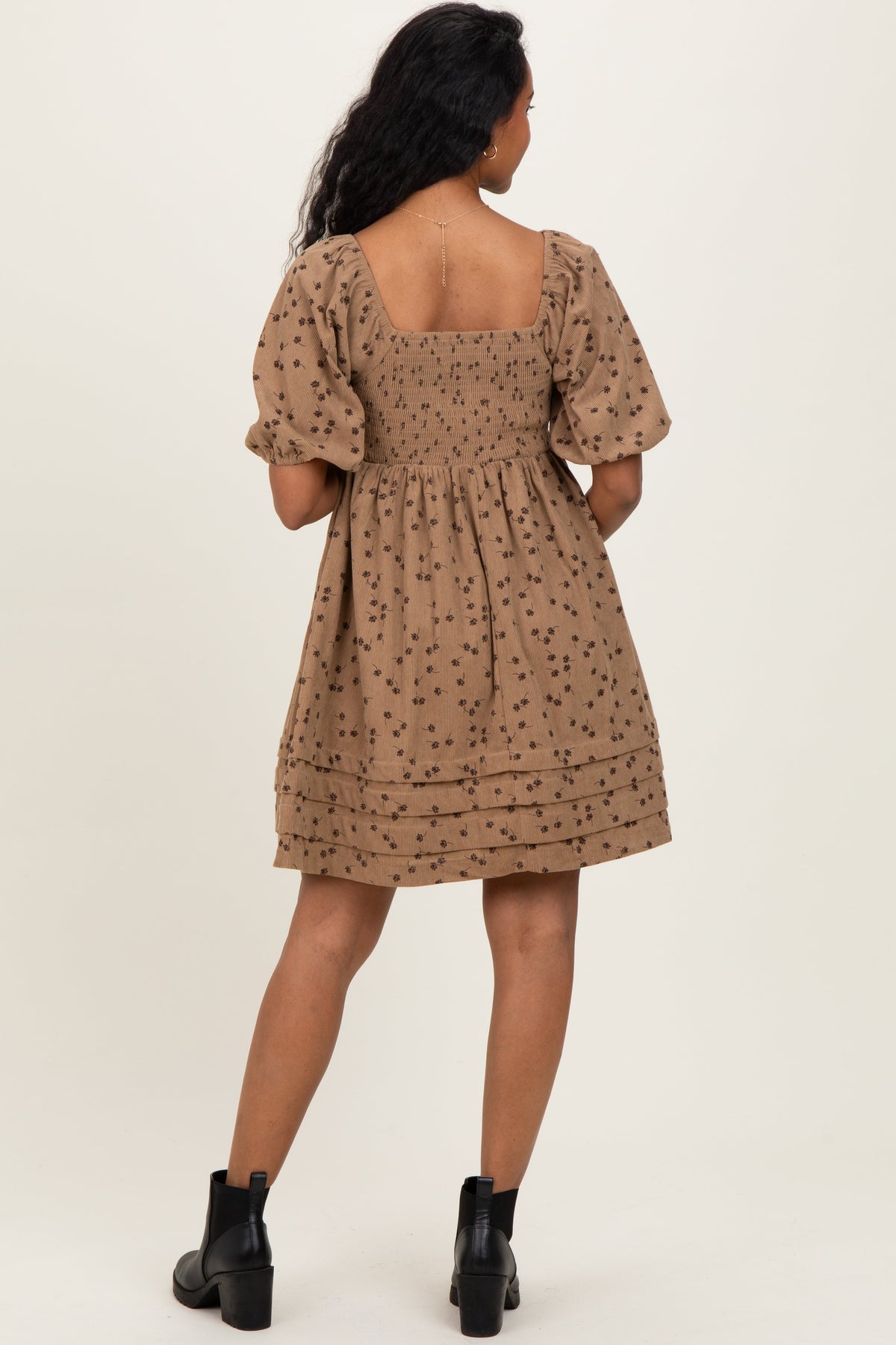 Taupe Floral Corduroy Puff Sleeve Babydoll Mini Maternity Dress