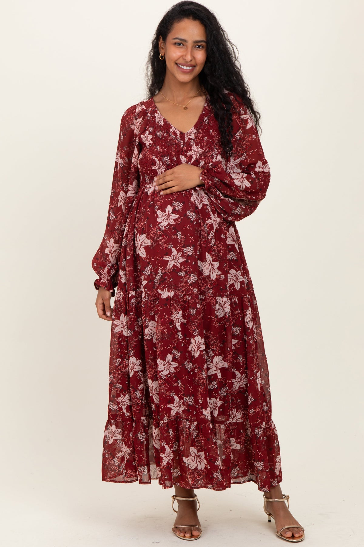 Burgundy Smocked Floral Maternity Midi Dress