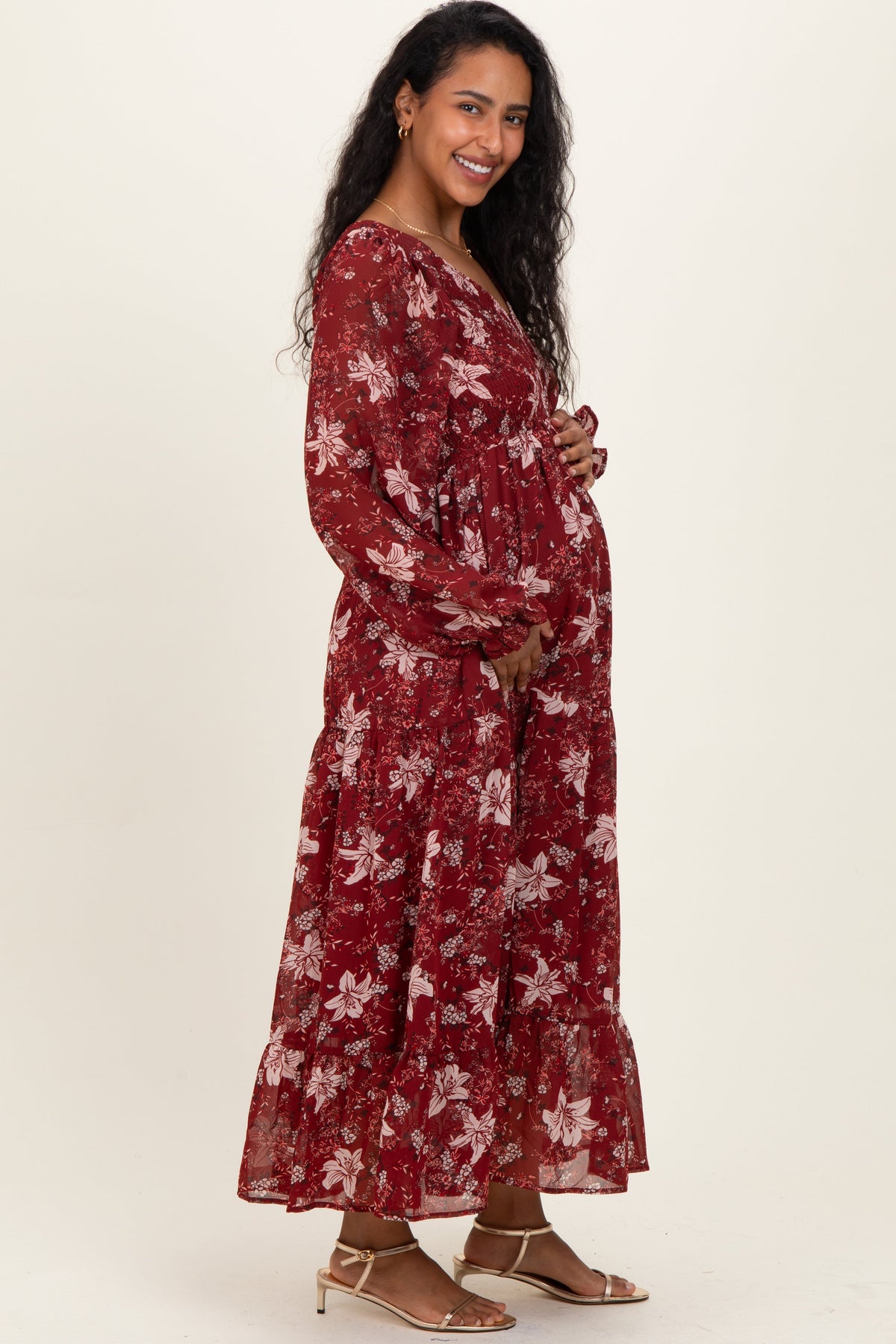 Burgundy Smocked Floral Maternity Midi Dress