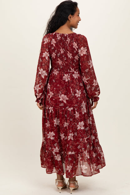 Burgundy Smocked Floral Maternity Midi Dress