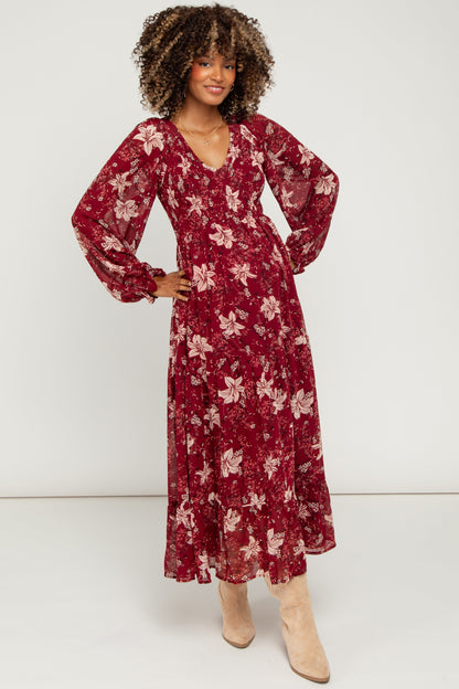 Burgundy Smocked Floral Maternity Midi Dress