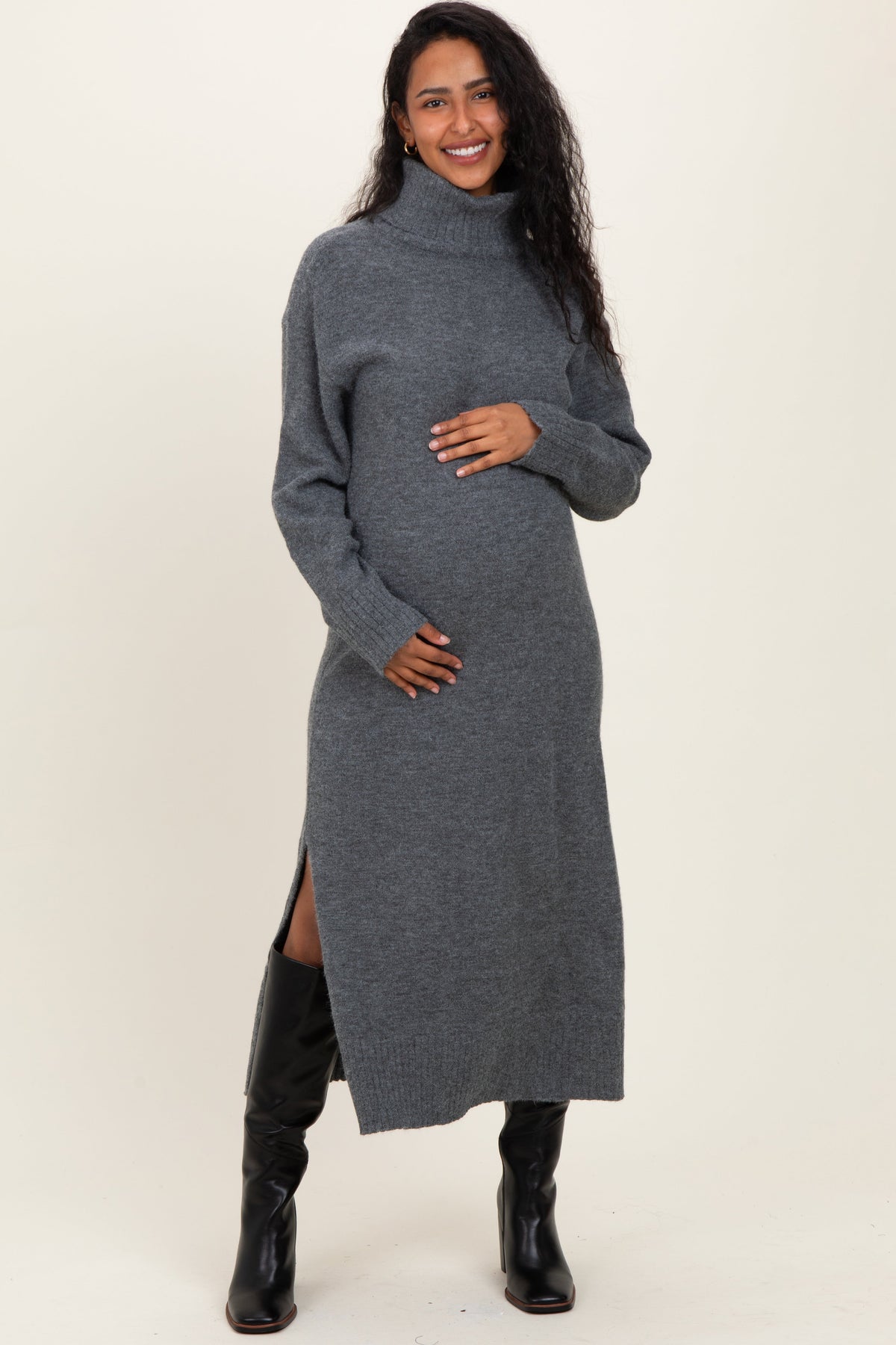 Charcoal Turtleneck Sweater Maternity Midi Dress