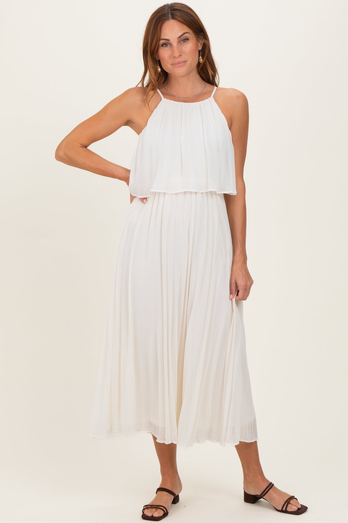 Cream Pleated Woven Maternity Midi Dress