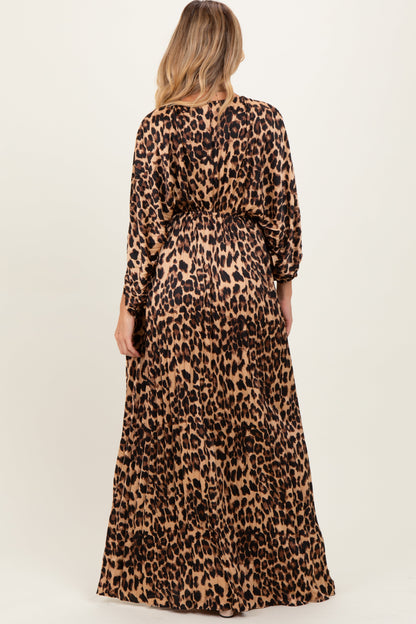 Leopard Pleated V Neck Satin Maternity Maxi Dress