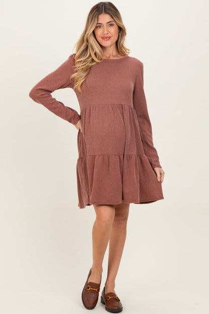 Rust Textured Rib Tiered Long Sleeve Maternity Dress