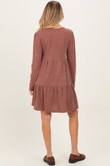 Rust Textured Rib Tiered Long Sleeve Maternity Dress