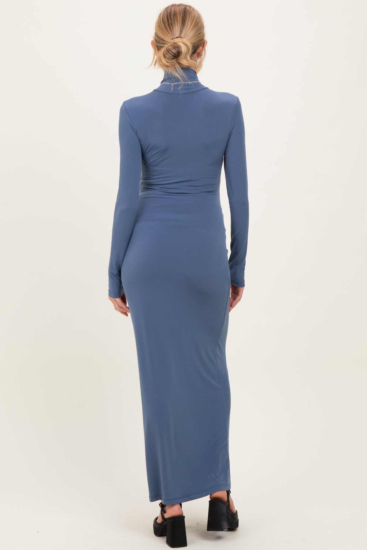 Blue Turtleneck Long Sleeve Maternity Maxi Dress