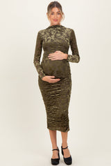 Olive Floral Velvet Mesh Ruched Maternity Midi Dress
