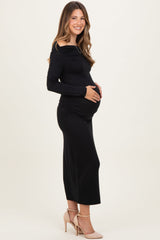 Black Boat Neck Ruched Long Sleeve Maternity Midi Dress