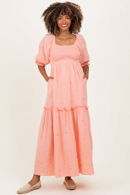 Light Pink Floral Smocked Puff Sleeve Maternity Maxi Dress