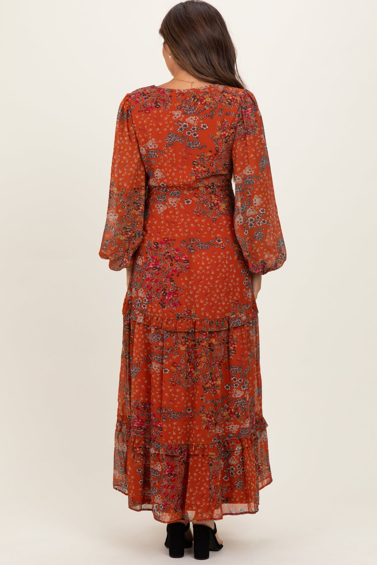 Orange Floral Chiffon V-Neck Long Sleeve Maternity Maxi Dress