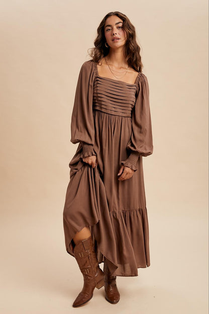 Mocha Pleated Bodice Long Sleeve Maternity Maxi Dress