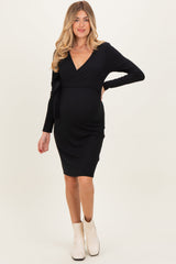 Black Ribbed Long Sleeve V-Neck Wrap Maternity Midi Dress