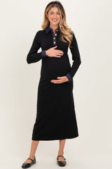 Black Denim Trim Maternity Knit Dress