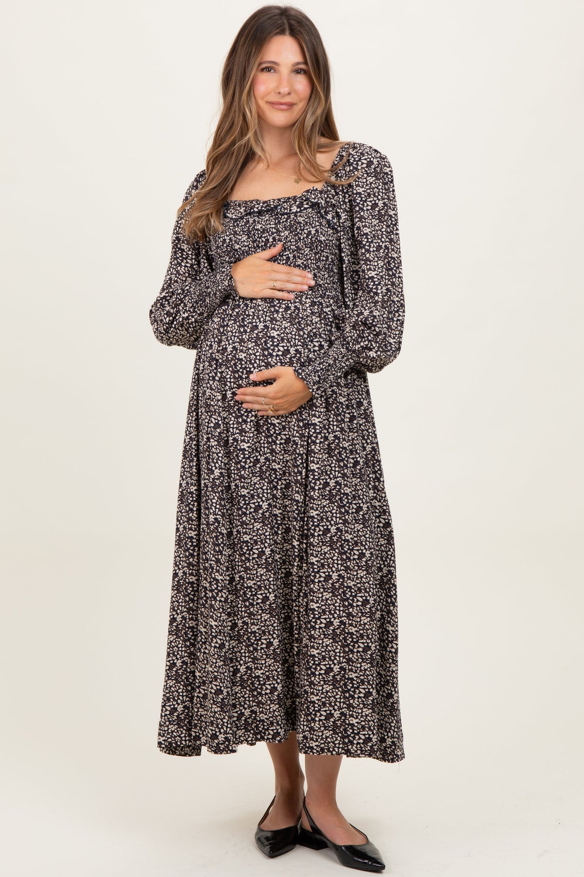 Navy Smocked Ruffled Floral Maternity Maxi Dress