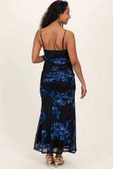 Black Floral Ruched Mesh Maternity Maxi Dress