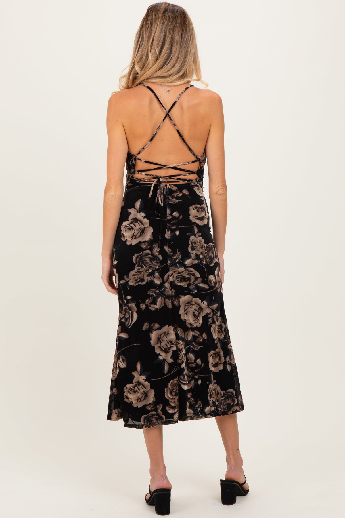 Black Cowl Neck Lace Up Back Maternity Midi Dress