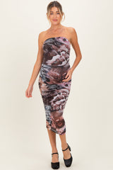 Mauve Floral Mesh Strapless Ruched Maternity Midi Dress