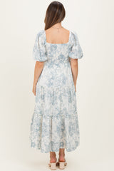 Blue Vintage Floral Puff Sleeve Tiered Maternity Maxi Dress