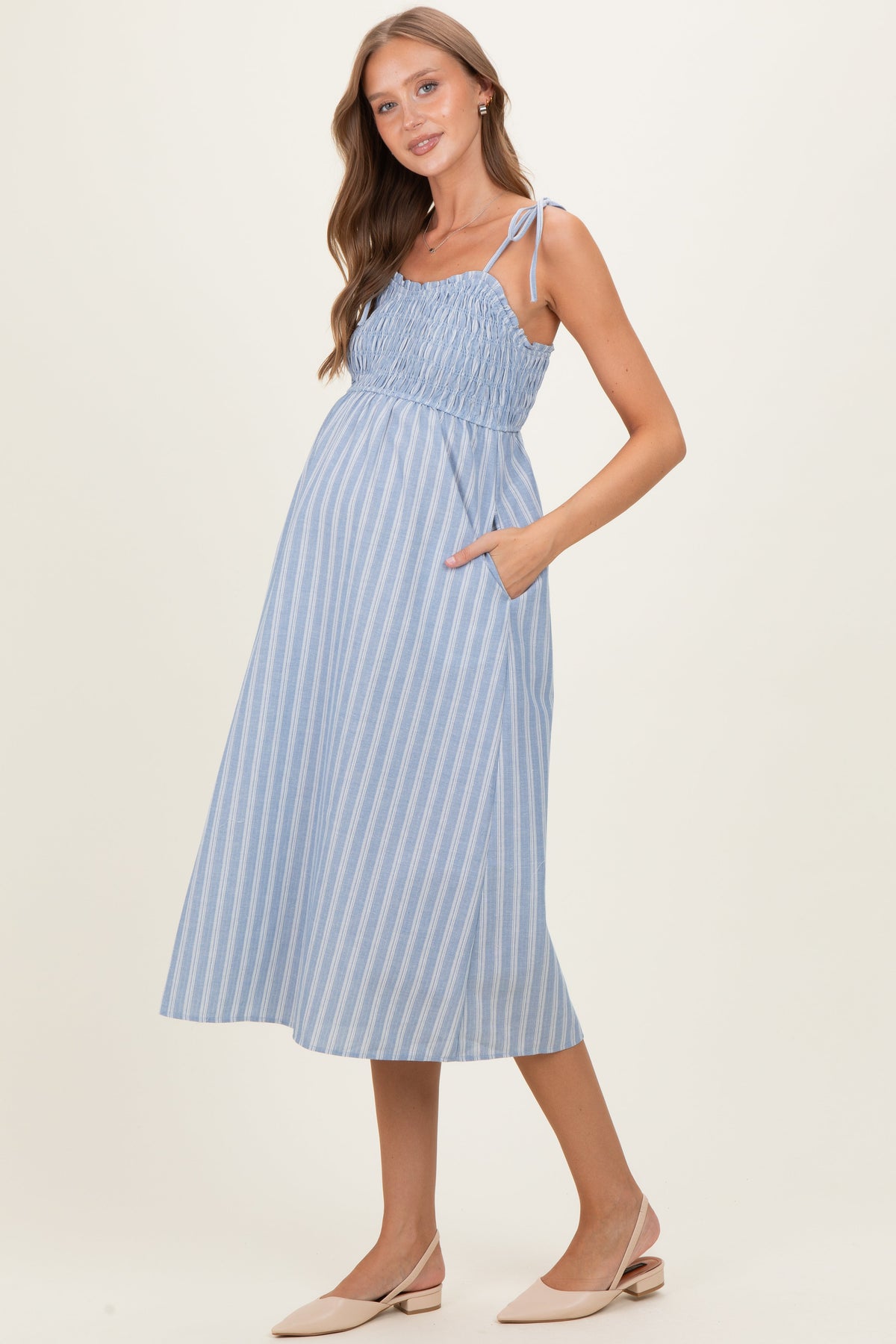 Blue Striped Smocked Shoulder Tie Maternity Midi Dress
