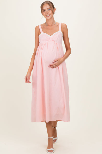 Peach Ruffle Trim Sweetheart Neckline Maternity Midi Dress