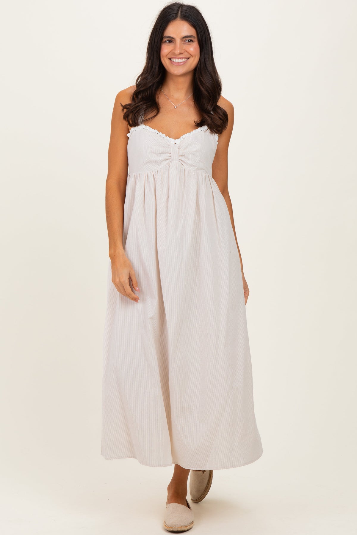 Taupe Ruffle Trim Sweetheart Neckline Maternity Midi Dress