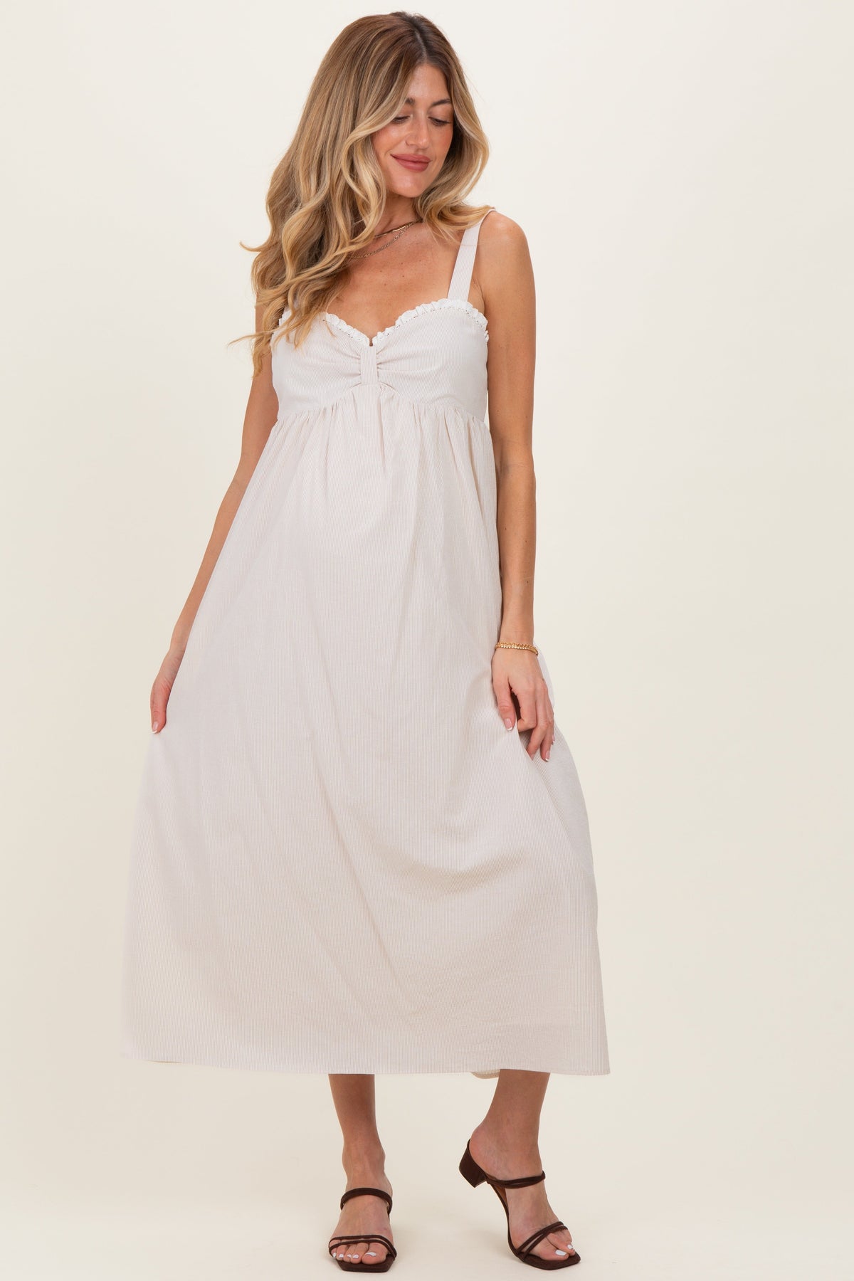 Taupe Ruffle Trim Sweetheart Neckline Maternity Midi Dress
