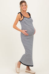 Navy Striped Knit Shoulder Tie Maternity Maxi Dress