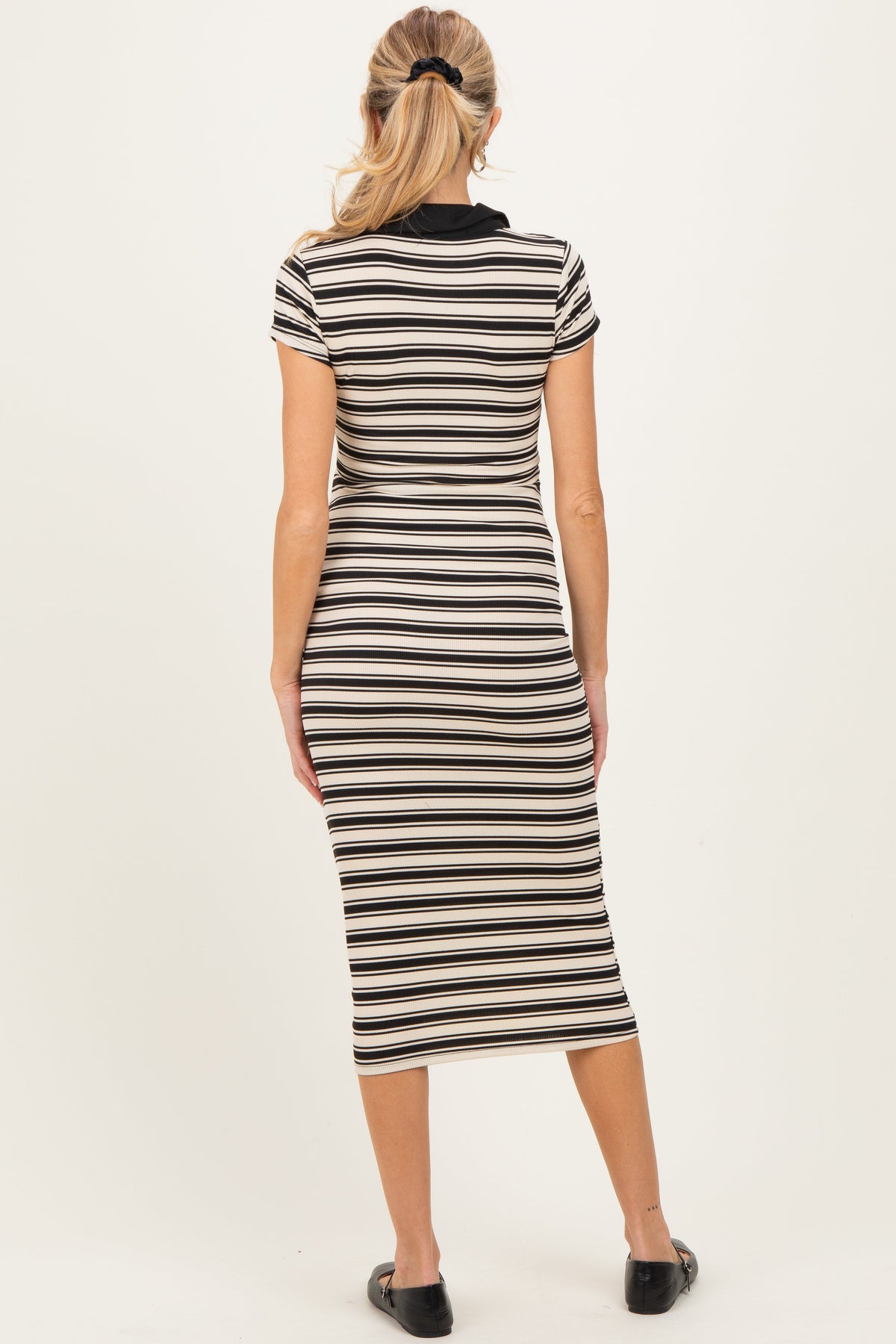 Ivory Striped Collared Maternity Midi Dress