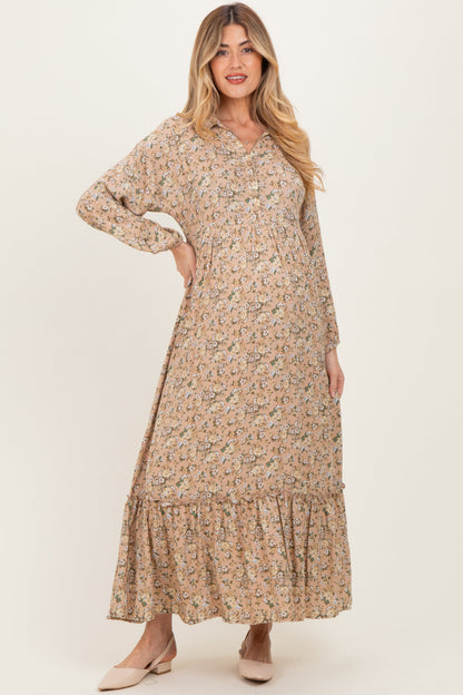 Mustard Floral Long Sleeve Button Down Collared Maternity Maxi Dress