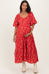 Red Floral Tiered Puff Sleeve Maternity Midi Dress