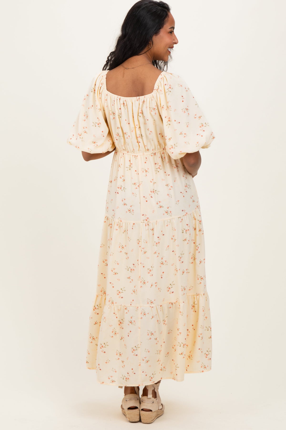 Butter Yellow Floral Tiered Puff Sleeve Maternity Midi Dress