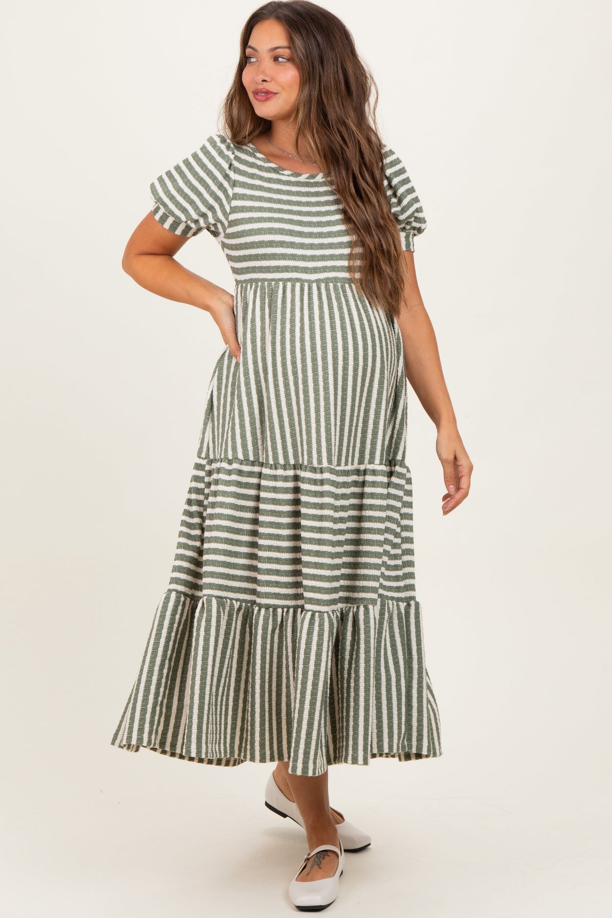Dusty Olive/ Cream Striped Short Sleeve Tiered Maternity Maxi Dress