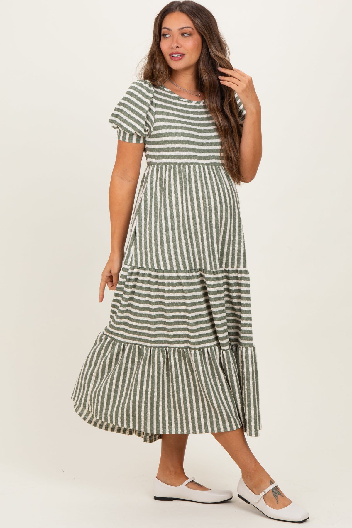 Dusty Olive/ Cream Striped Short Sleeve Tiered Maternity Maxi Dress