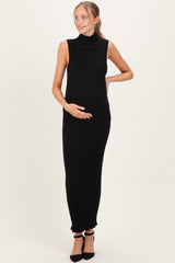 Black Turtleneck Ribbed Knit Sleeveless Maternity Maxi Dress