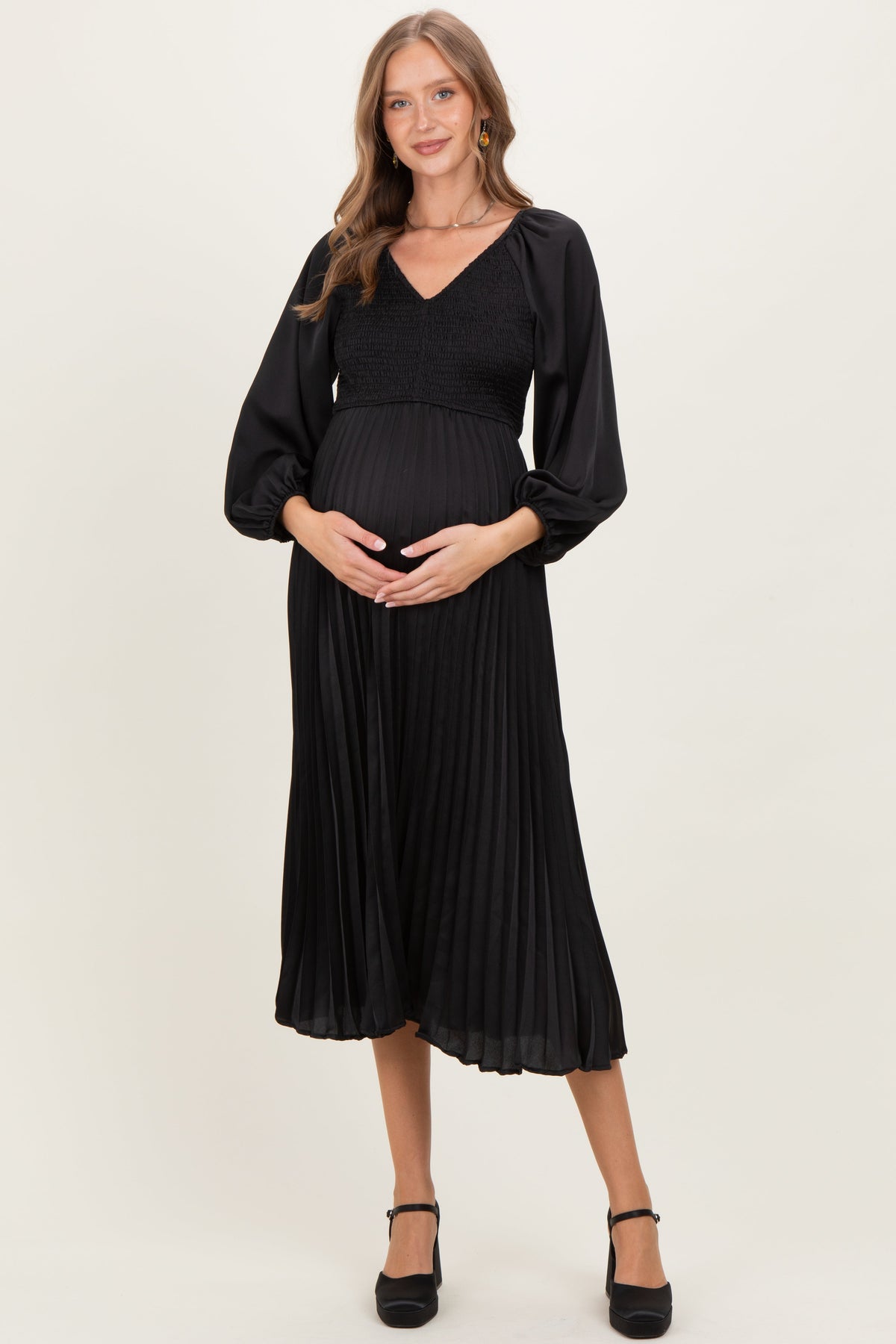 Black Satin Smocked Pleated Maternity Midi Dress