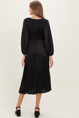 Black Satin Smocked Pleated Maternity Midi Dress