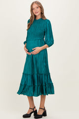 Forest Green Pleated Satin Smocked Bodice Maternity Midi Dress