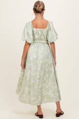 Sage Puff Sleeve Smocked Waist Maternity Midi Dress