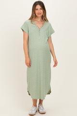 Sage Striped Button Detail Maternity Midi Dress