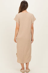 Camel Striped Button Detail Maternity Midi Dress