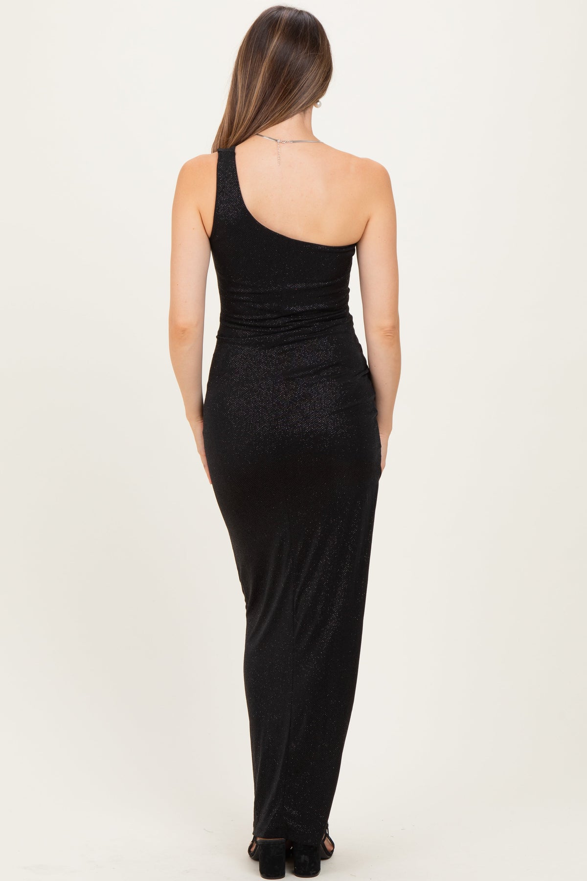 Black Glitter One Shoulder Side Slit Maternity Maxi Dress