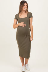 Olive Square Neck Basic Maternity Midi Dress
