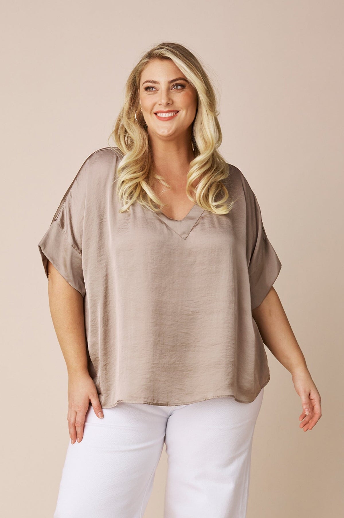 Bianca Short Sleeve Top Almond with V Neck