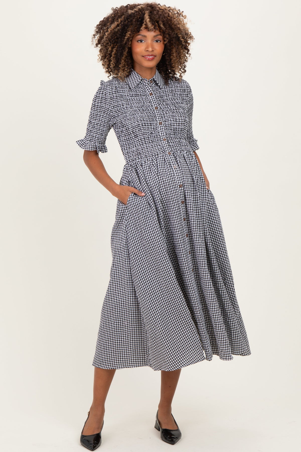 Black Gingham Smocked Button Down Maternity Midi Dress