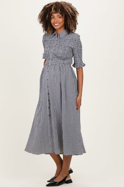 Black Gingham Smocked Button Down Maternity Midi Dress