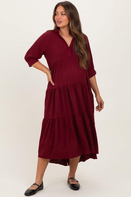 Wine Collared Button Up Tiered Maternity Midi Dress